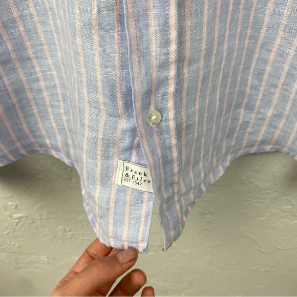 Frank & Eileen Barry button down Linen blouse, pale blue & pink pin-stripe Small - Picture 10 of 11